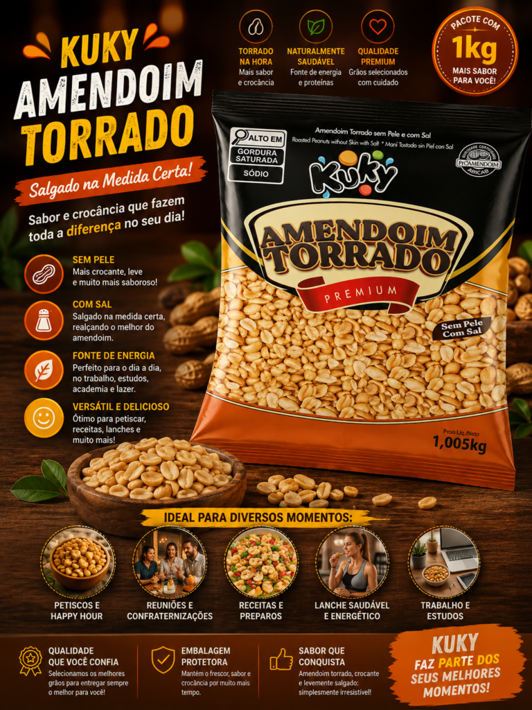 Amendoim Torrado Salgado sem Pele com Sal Kuky - Pacote com 1 Kg