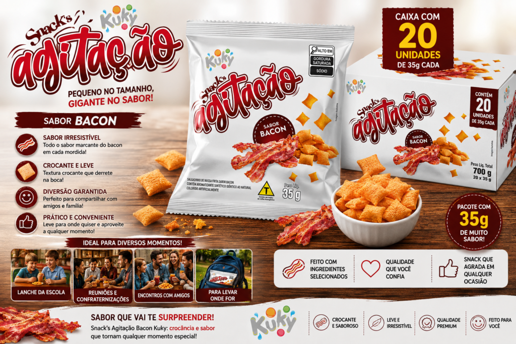 Salgadinho Agitação Bacon Kuky Pacote com 35 gramas caixa com 20 pacotes