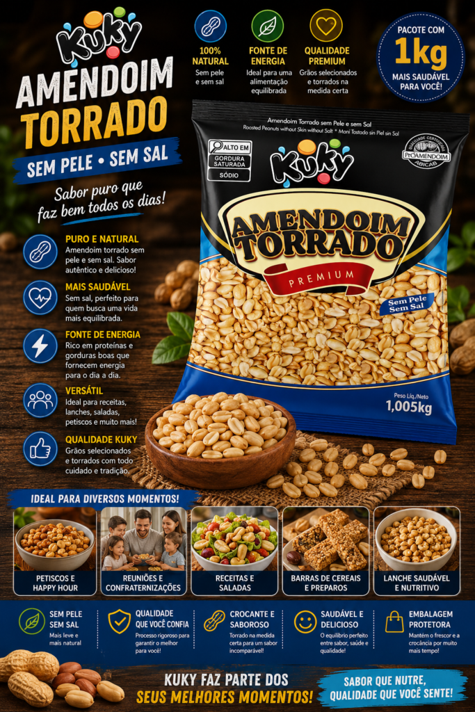 Amendoim Torrado sem Pele sem Sal Kuky - Pacote com 1Kg