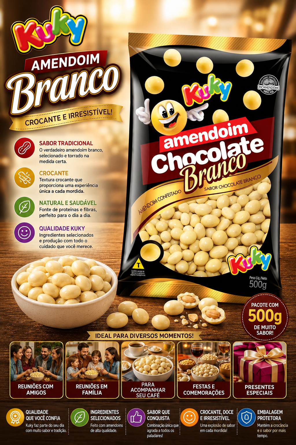 Amendoim com Chocolate Branco Kuky Pacote com 500 Gramas