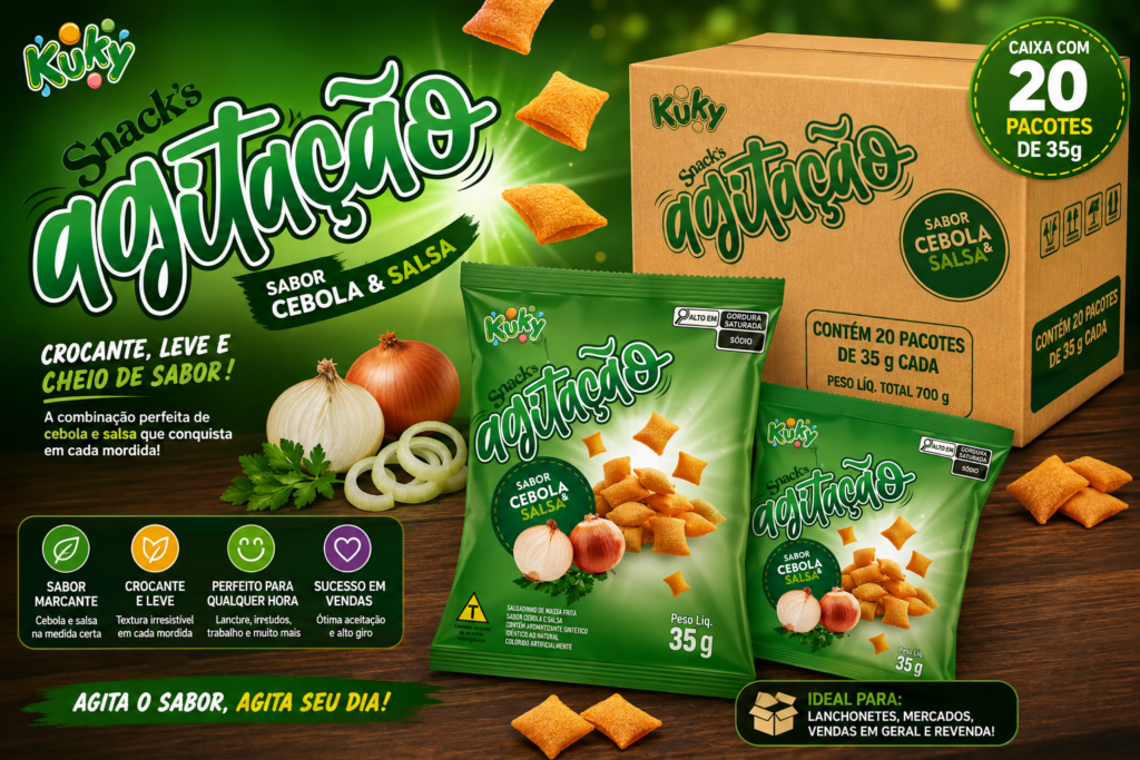 Salgadinho Agitação Sabor Cebola e Salsa Pacote com 35 gramas caixa com 20 pacotes