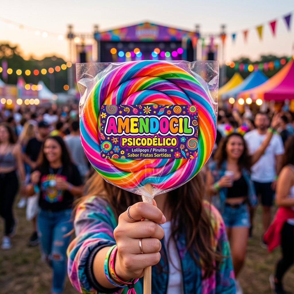 Colorful spiral lollipop labeled AmendoCil Psicodélico held by a festival attendee