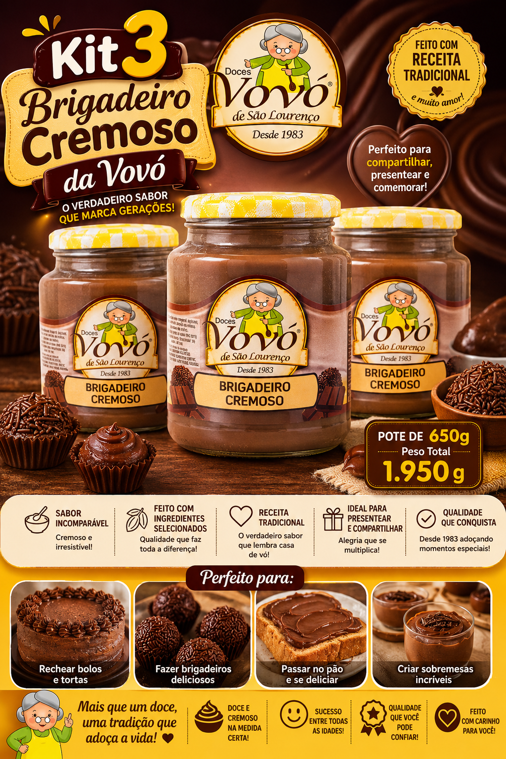 Kit 3 Brigadeiro Cremoso da Vovó - Pote de 650g - Peso Total 1.950 g