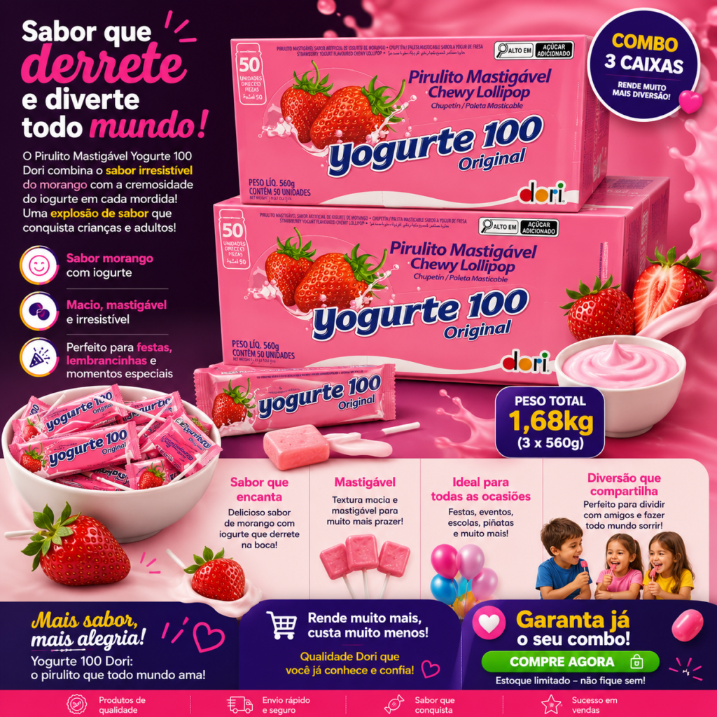Combo 3 Caixas Pirulito Mastigável Yogurte 100 Dori 1,68kg