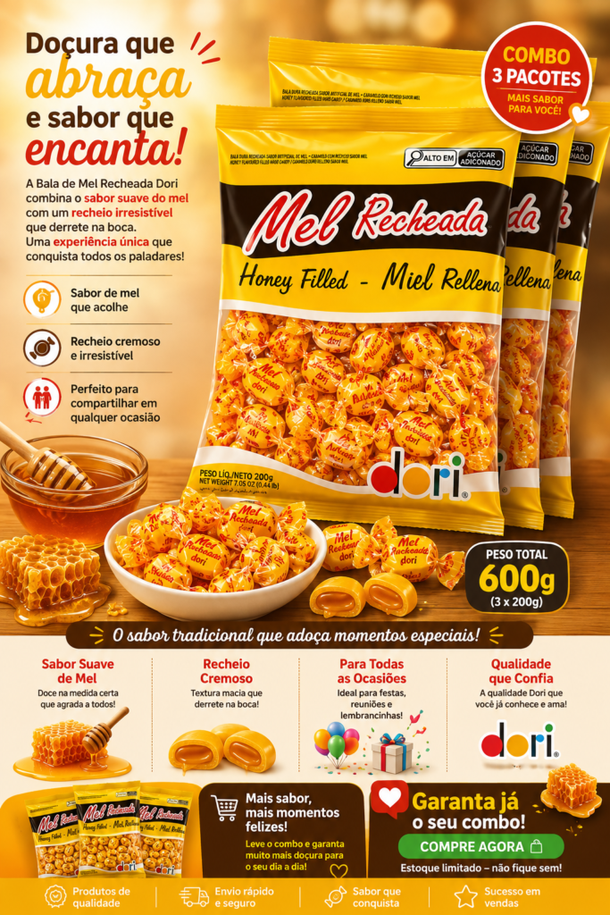 Combo 3 Pacotes Bala de Mel Recheada Dori 600g