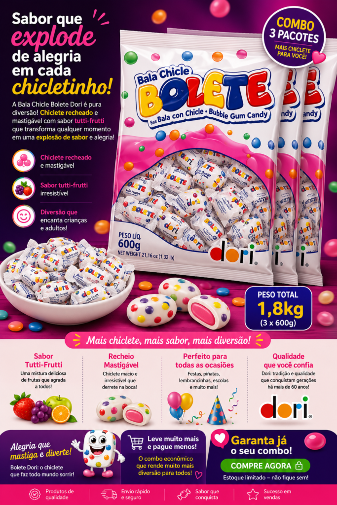 Combo 3 Pacotes Bala Chicle Bolete Dori 1,8kg Tutti-Frutti