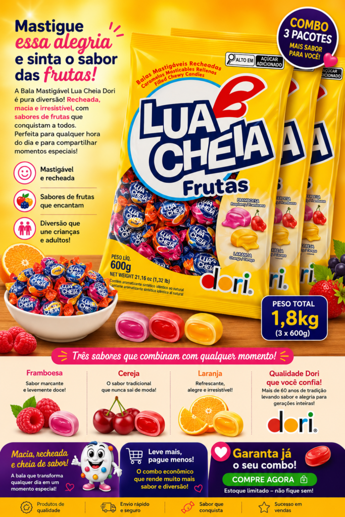 Combo 3 Pacotes de Bala Mastigável Lua Cheia Dori 1,8kg