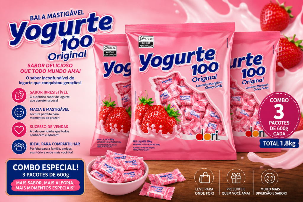 Combo 3 Pacotes Bala Mastigável Yogurte 100 Original Dori 1,8kg